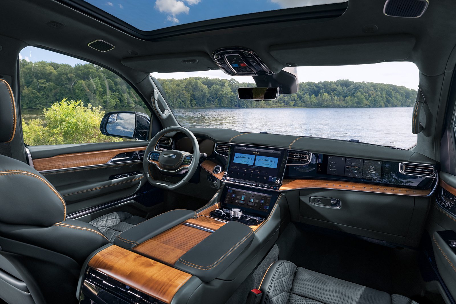 Grand Wagoneer cockpit with premium leather and wood trim